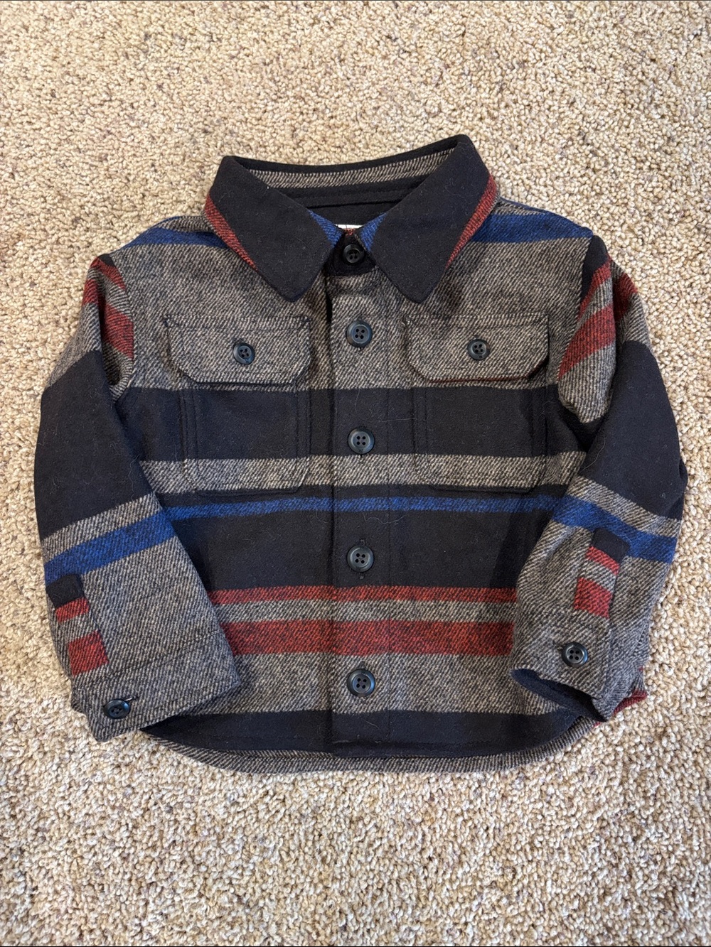 Kids Striped Button-Up Shirt Jacket in Brown, Tan, Blue & Red, size 18-24 months
